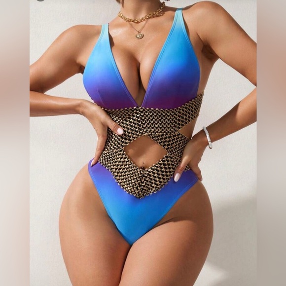 Womens Blue Ombré Cut-Out Cheeky High Cut One Piece Swimsuit Size Large - Picture 2 of 10